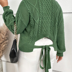  Lantern Sleeve V Neck Sweater with Knot Back
