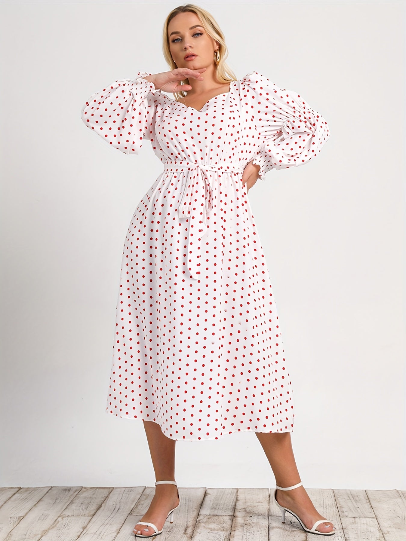  Boho Dress Polka Dot Sweetheart Neck Dress