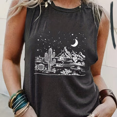 Graphic Print Tank Top Crew Neck Summer Sleeveless