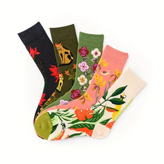 5 Pairs Floral Print Mid Tube Socks for Women