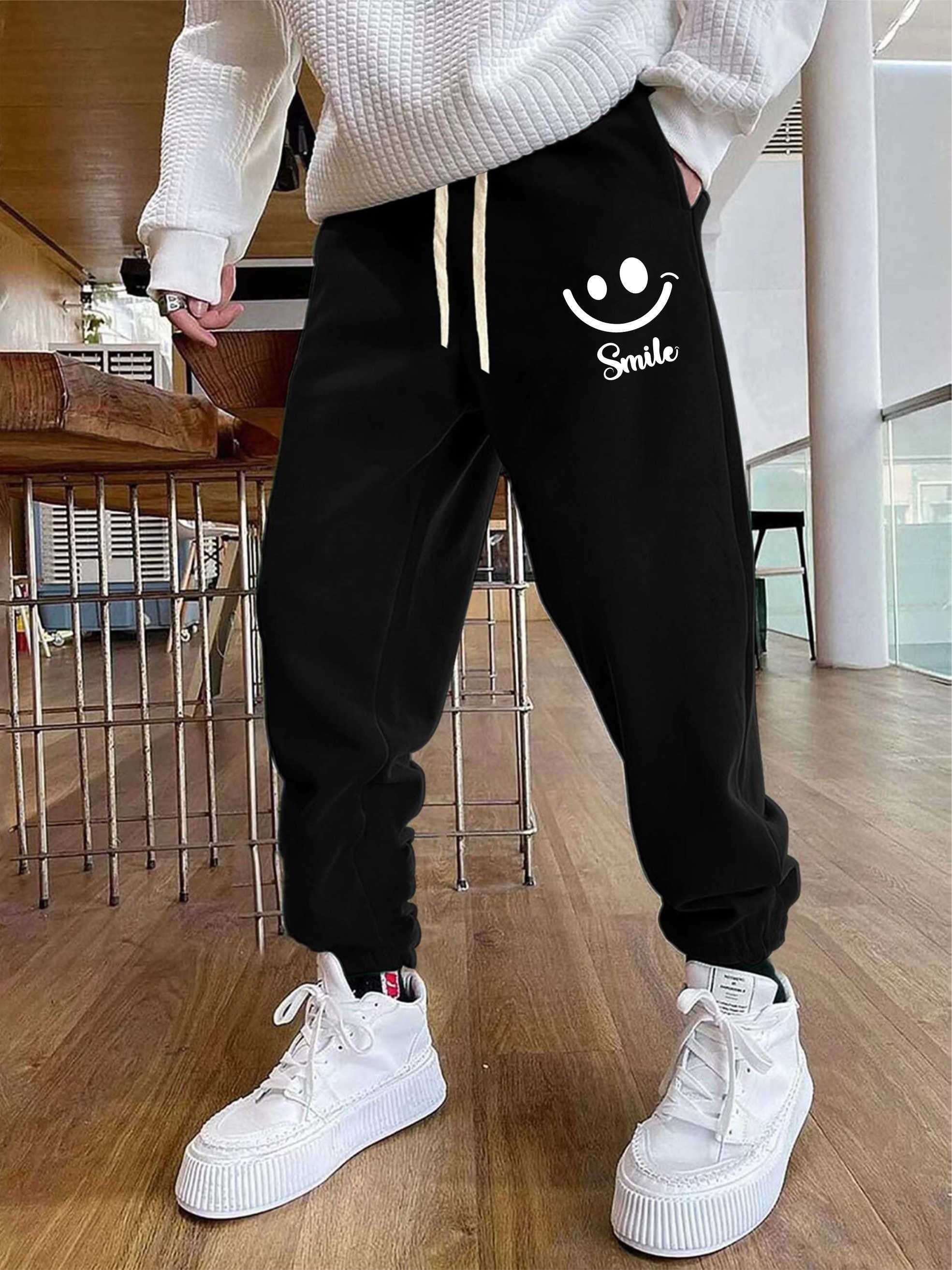 Cartoon Smiling Face Print Men's Pants Drawstring Active Trousers