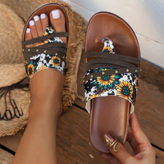 Women's Sunflower & Cow Print Thong Sandals Comfort Non slip Slip on Platform