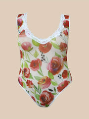  Rose Print Contrast Lace Trim Sheer Bodysuit