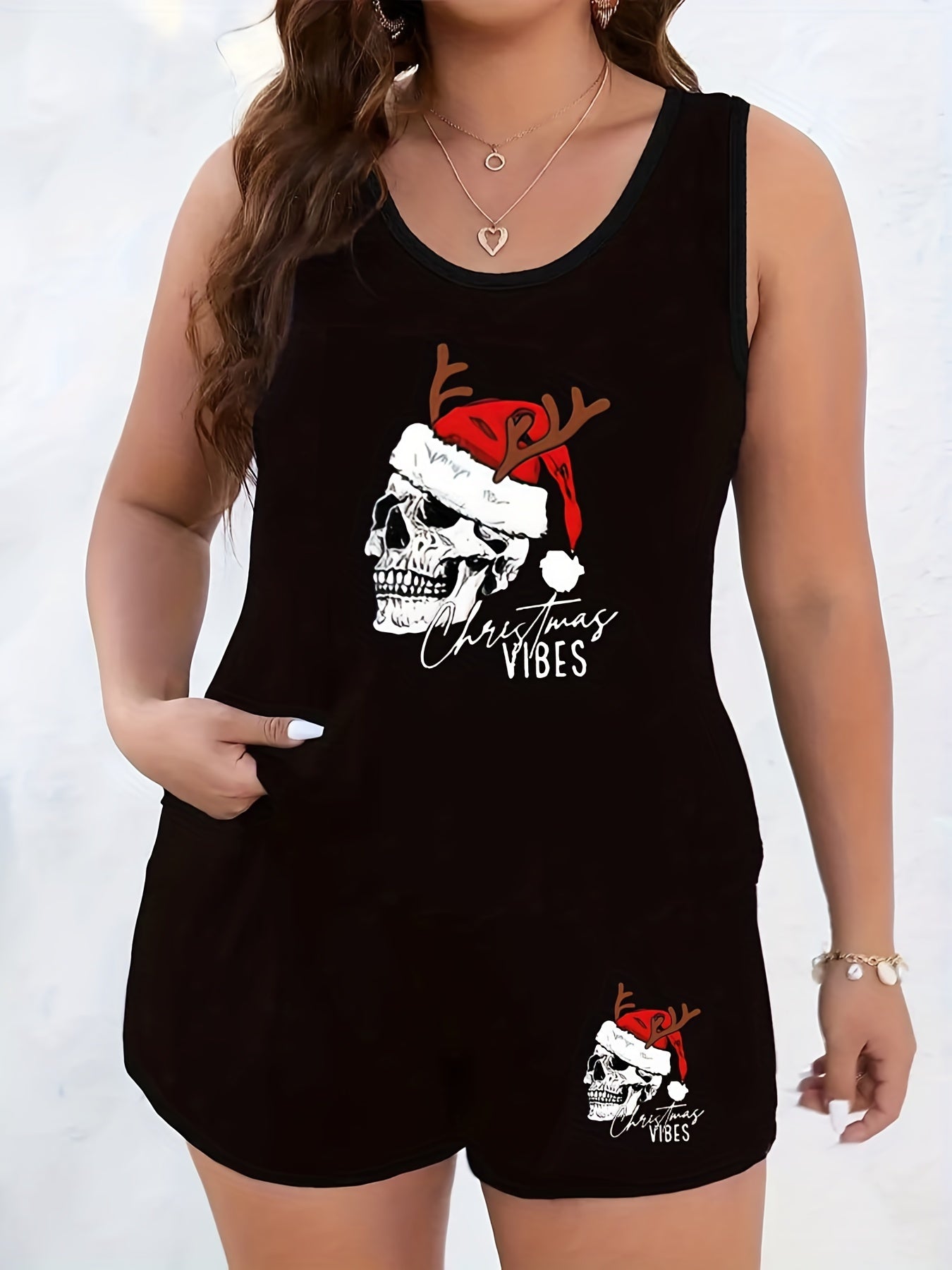  Halloween Lounge Set Christmas Hat Skull Print Tank Top & Shorts Pajam