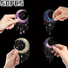 50pcs Crescent Moon Stickers with Stars Gemstones & Glitter for Laptops Water