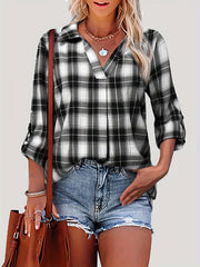  Plaid Print Roll Up Sleeve Button Up Blouse