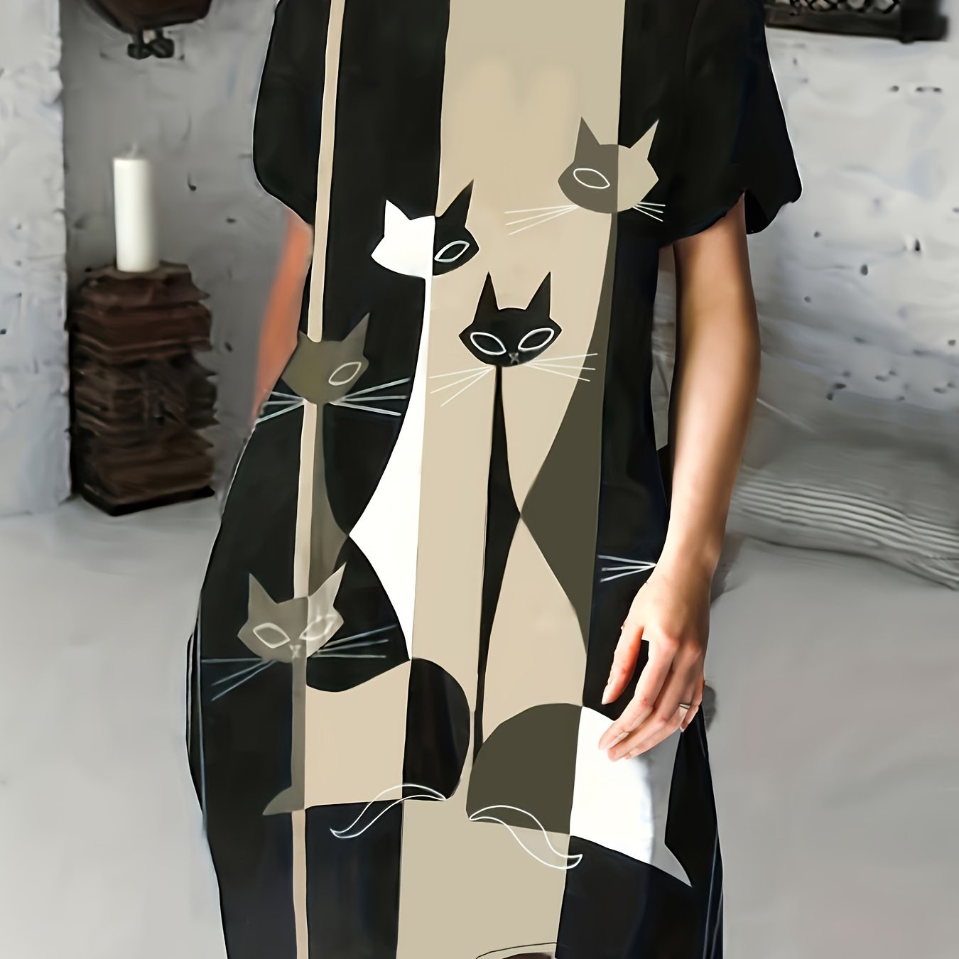  Colorblock Cat Print Round Neck Dress