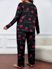  Kiss & Letter Print Pajamas Set Round Neck Long Sleeve