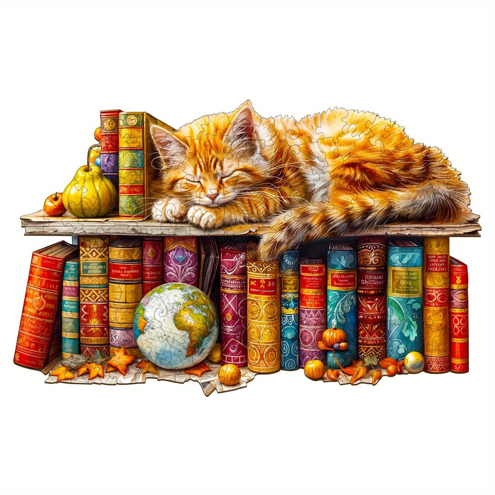 Enchanted Tabby Cat Wooden Puzzle with Cozy Book & Globe