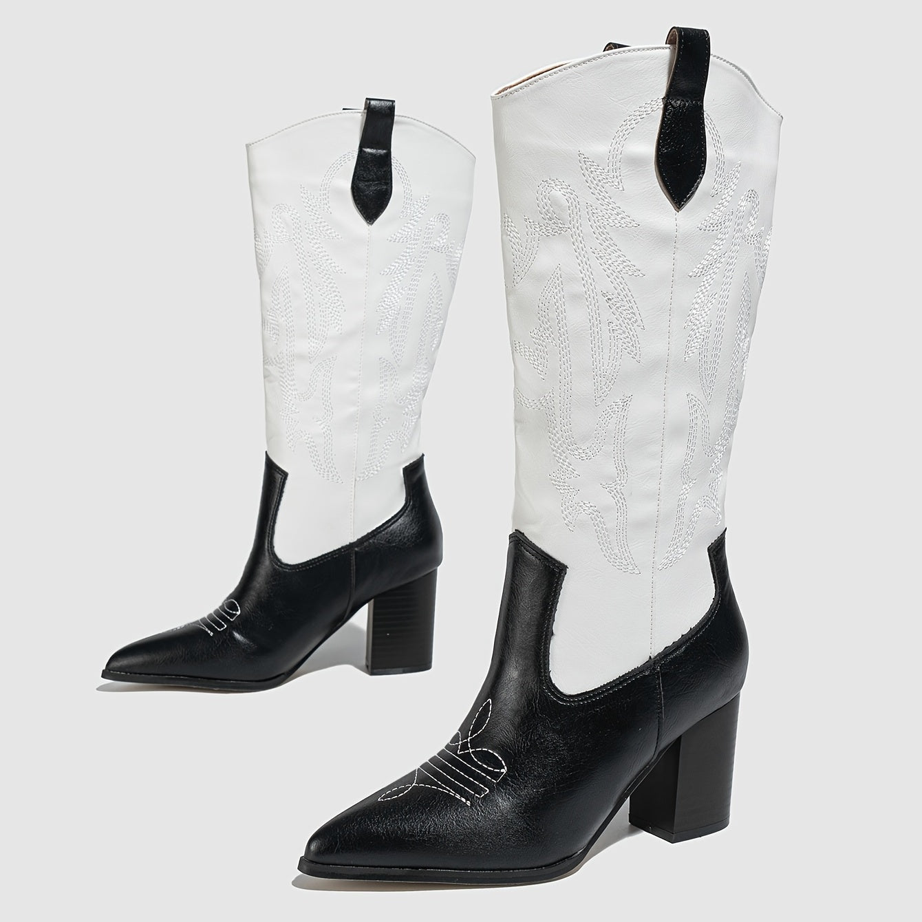 Embroidered Western Boots Point Toe Mid Calf Heel Shoes