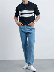 Striped Pattern Knit Short Sleeves Polo Shirt Men's Casual Lapel High Stretch