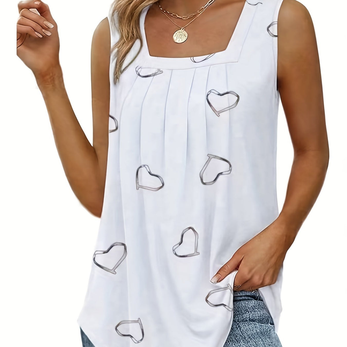  Heart Print Square Neck Tank Top