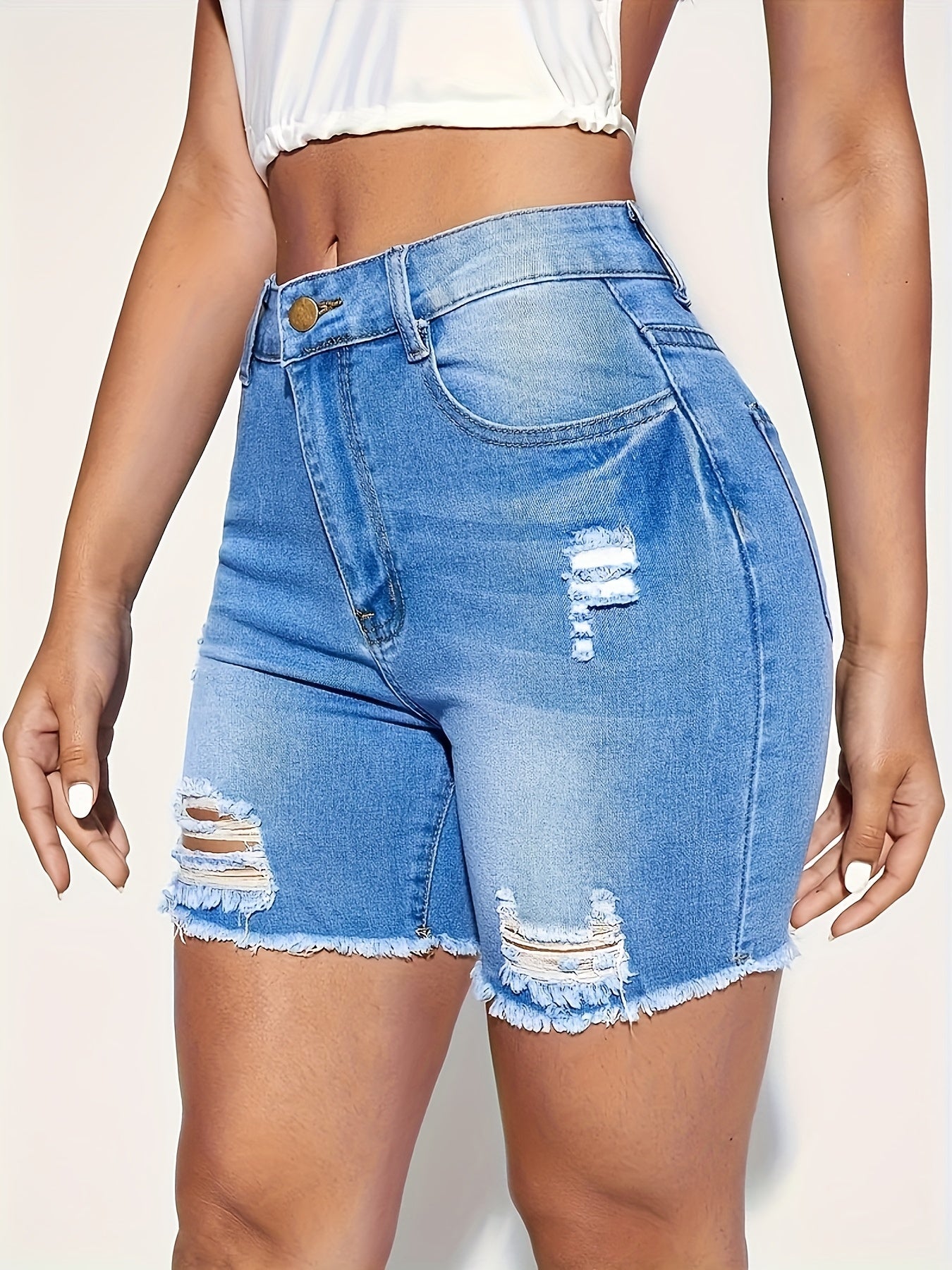  Washed Ripped Denim Shorts High Rise High Stretch