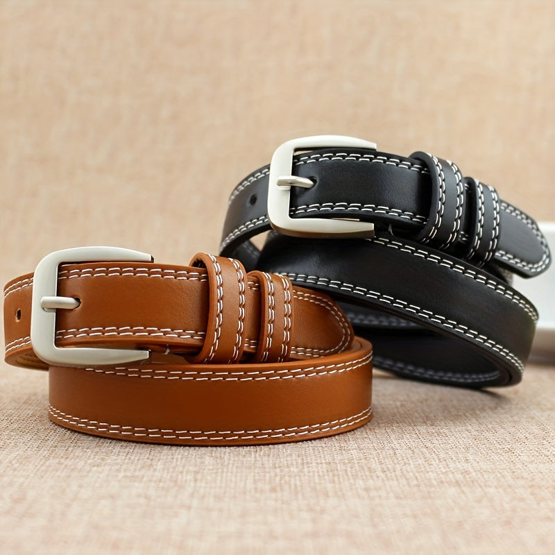 Square Pin Buckle Thin PU Leather Belt Vintage Solid Waistband