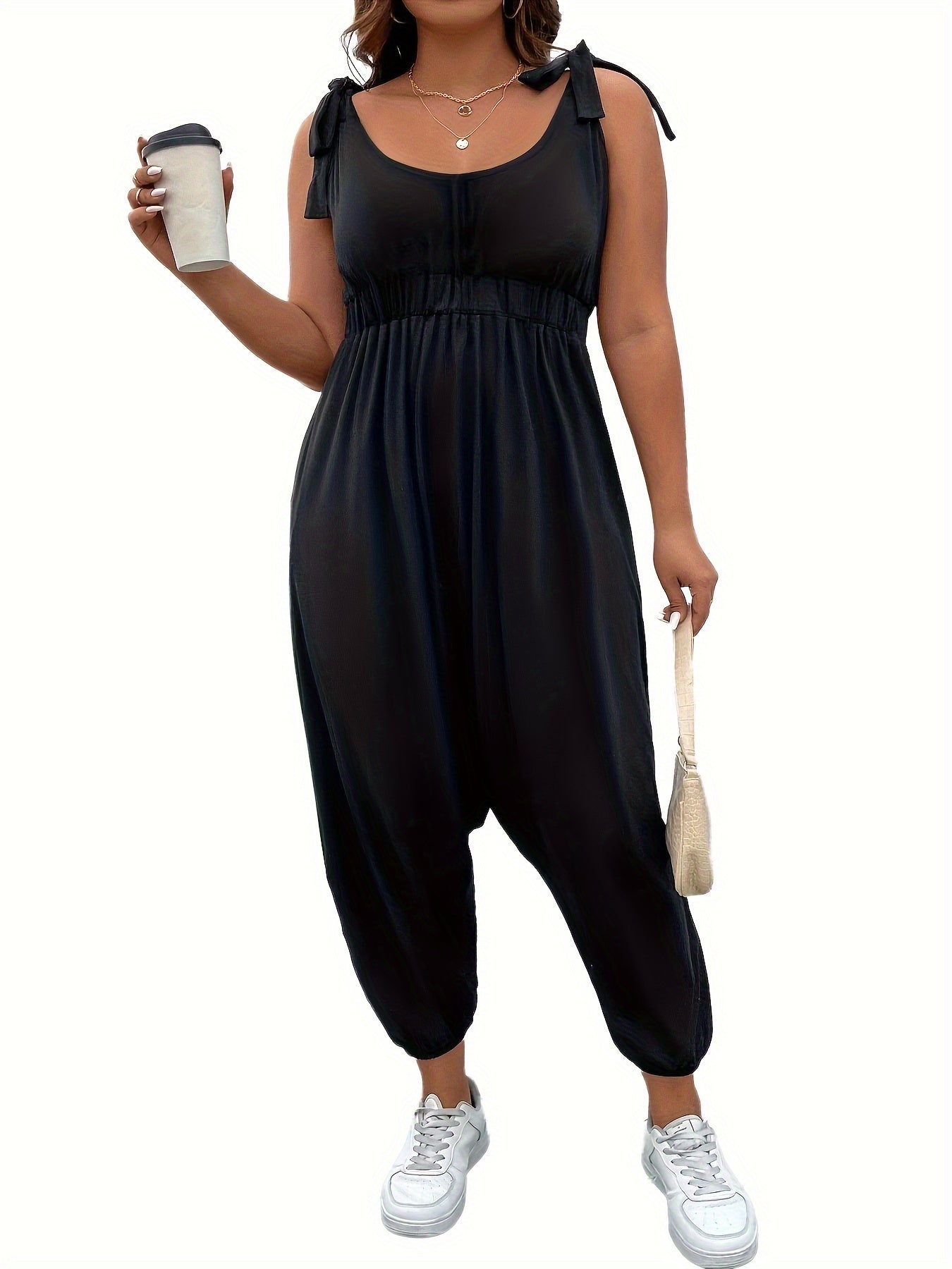  Casual Tank Jumpsuit Women's Plus Plain Tie Shoulder