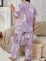  Floral Print Pajama Set Short Sleeve Button Up Shirt & Pants