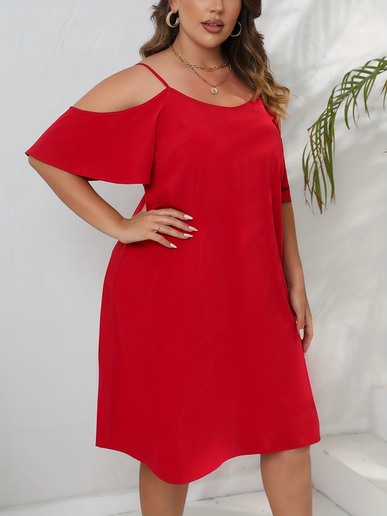  Solid Cold Shoulder Casual Dress Round Neck