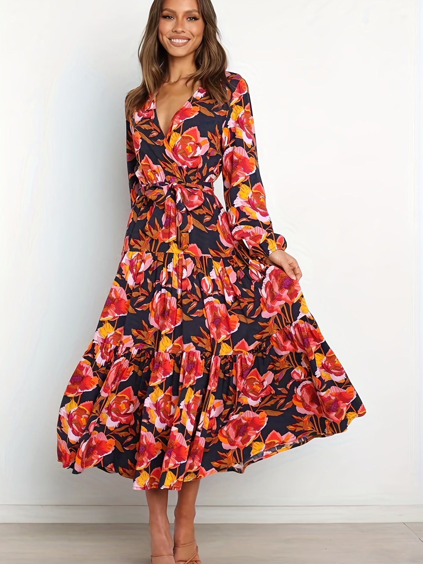 Floral Maxi Dress Lantern Sleeve Belted
