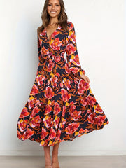 Floral Maxi Dress Lantern Sleeve Belted