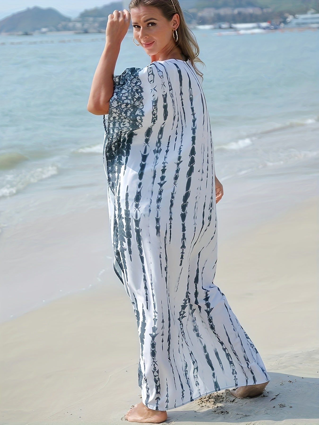  Boho Cover Up Women's Plus Tie Dye Stripe Print Batwing Sleeve V Neck