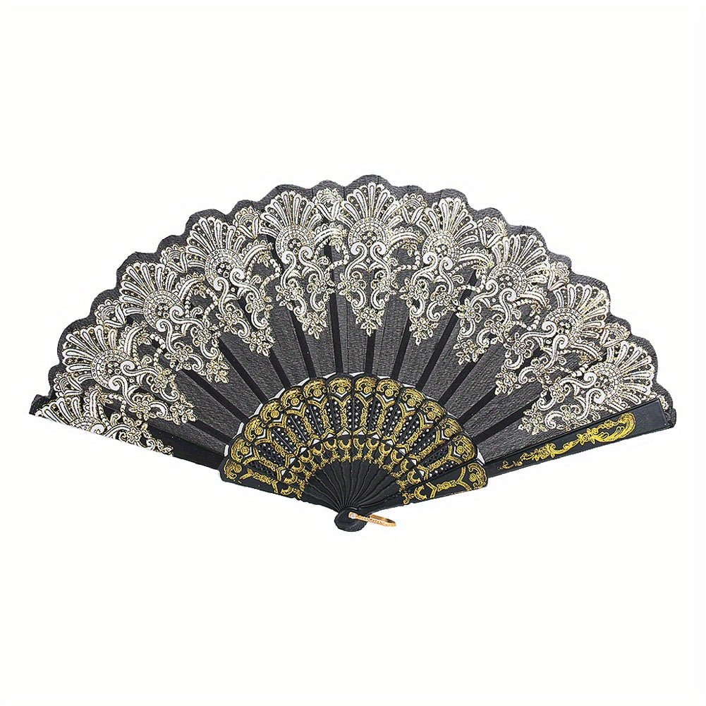 Chinese Folding Fan Lace Cloth Printing Flower Plastic Skeleton Hand Fan