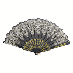 Chinese Folding Fan Lace Cloth Printing Flower Plastic Skeleton Hand Fan
