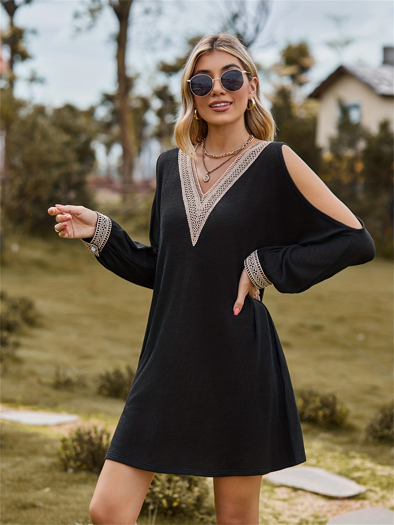  Colorblock Lace Cut Out V Neck Mini Dress
