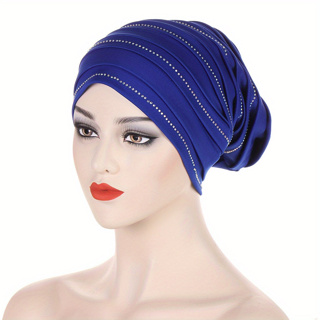 Pleated Satin Turban Cap Rhinestone Decor Head Wraps Elastic Hijab Hats