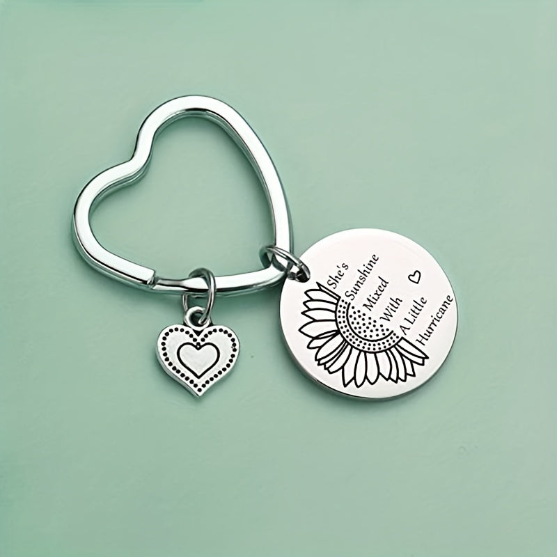 Heart Keychain Engraved Sunflower Inspirational Letter Keyring