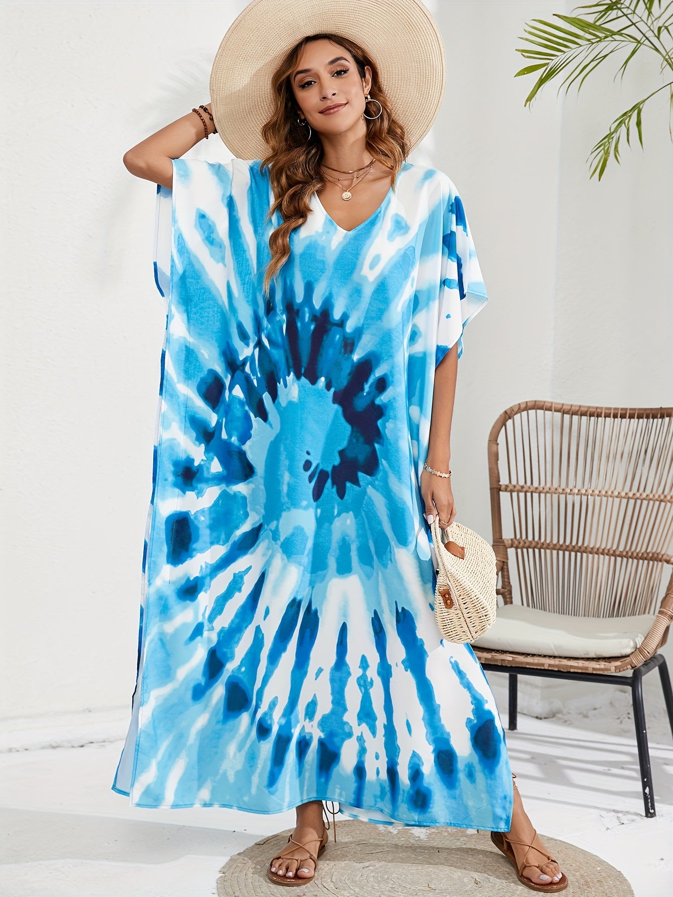  Boho Tie Dye Print Batwing Sleeve Maxi Cover Up Dress