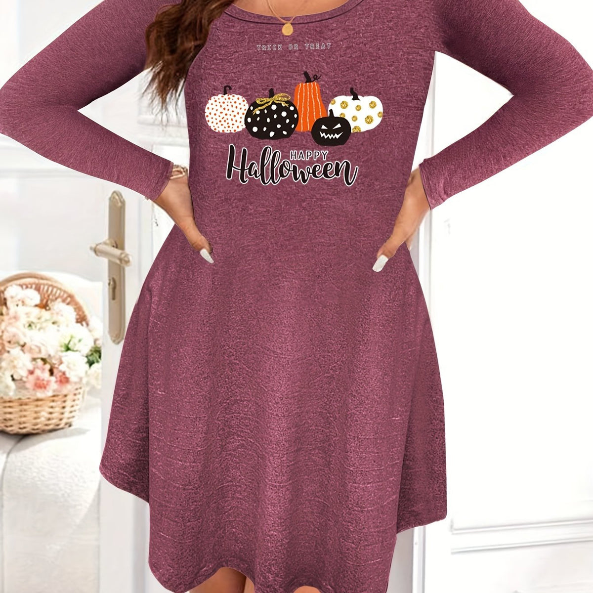  Halloween Pumpkin Print Long Sleeve Nightdress