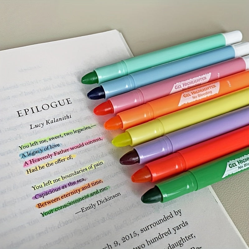 8pcs Neon Gel Highlighter Pens No Bleed No Smear