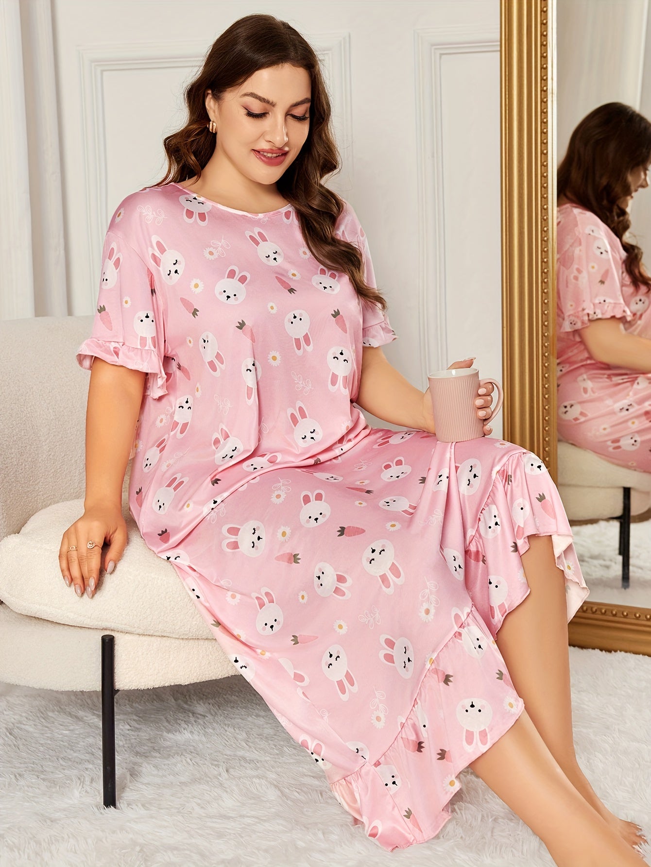  Nightdress Women's Plus Rabbit Print Ruffle Maxi Sleep Dress