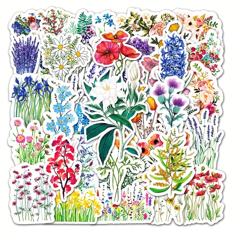 50pcs Flowers Pattern Waterproof Stickers Water Bottles Laptop Scrapbook Luggage
