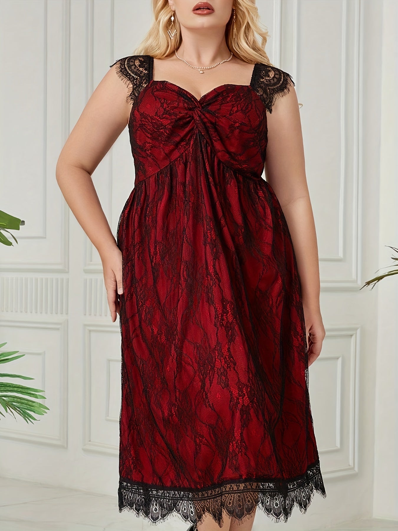  Contrast Lace Cap Sleeve V Neck Maxi Dress