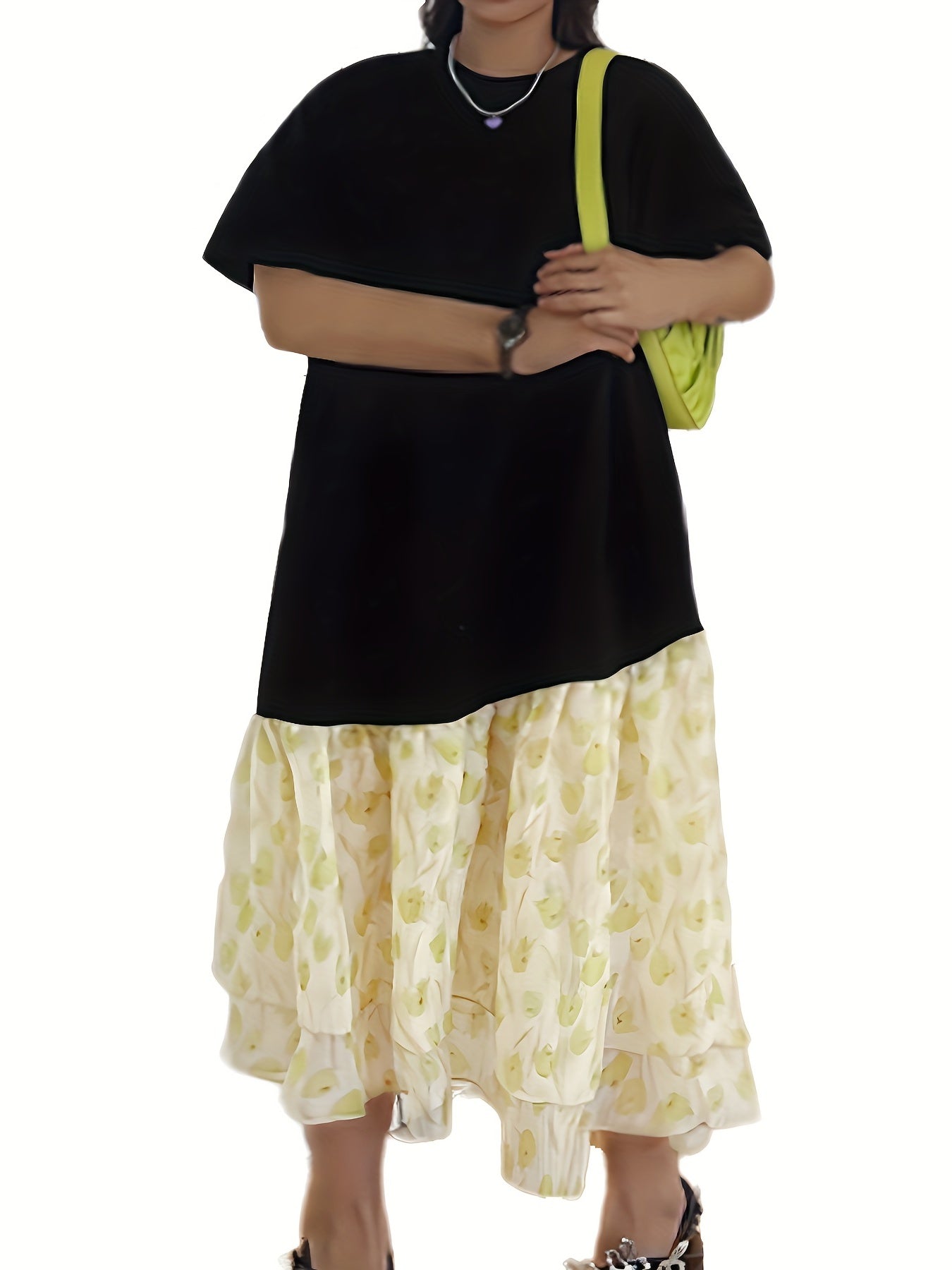  Colorblock Mesh Layered Round Neck Dress