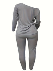  Solid One Shoulder Top & Pants 2 Piece Set