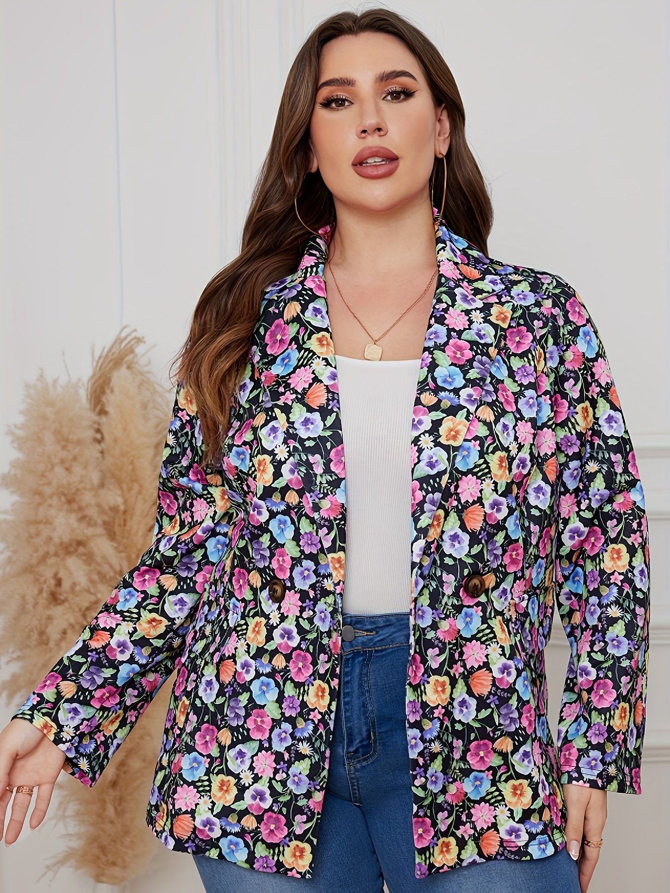  Floral Print Long Sleeve Blazer