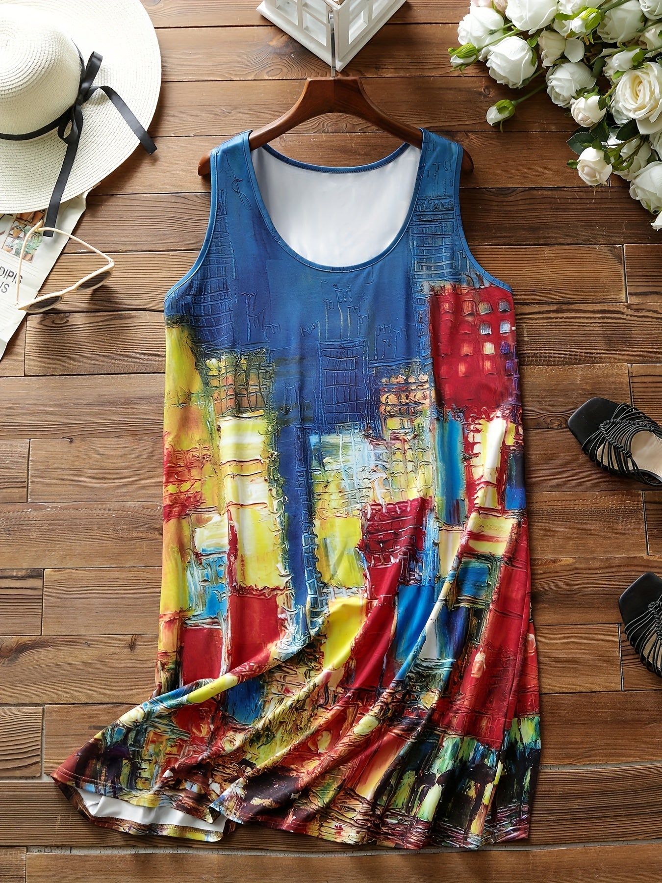  Casual Tank Dress Women's Plus Painting Print Round Neck High Stretch