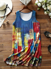  Casual Tank Dress Women's Plus Painting Print Round Neck High Stretch