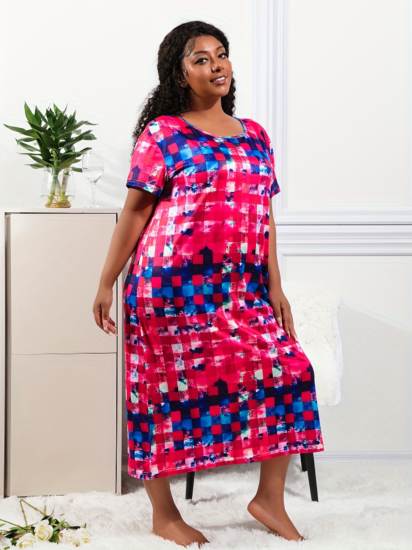  Tie Dye Gingham Print Nightdress