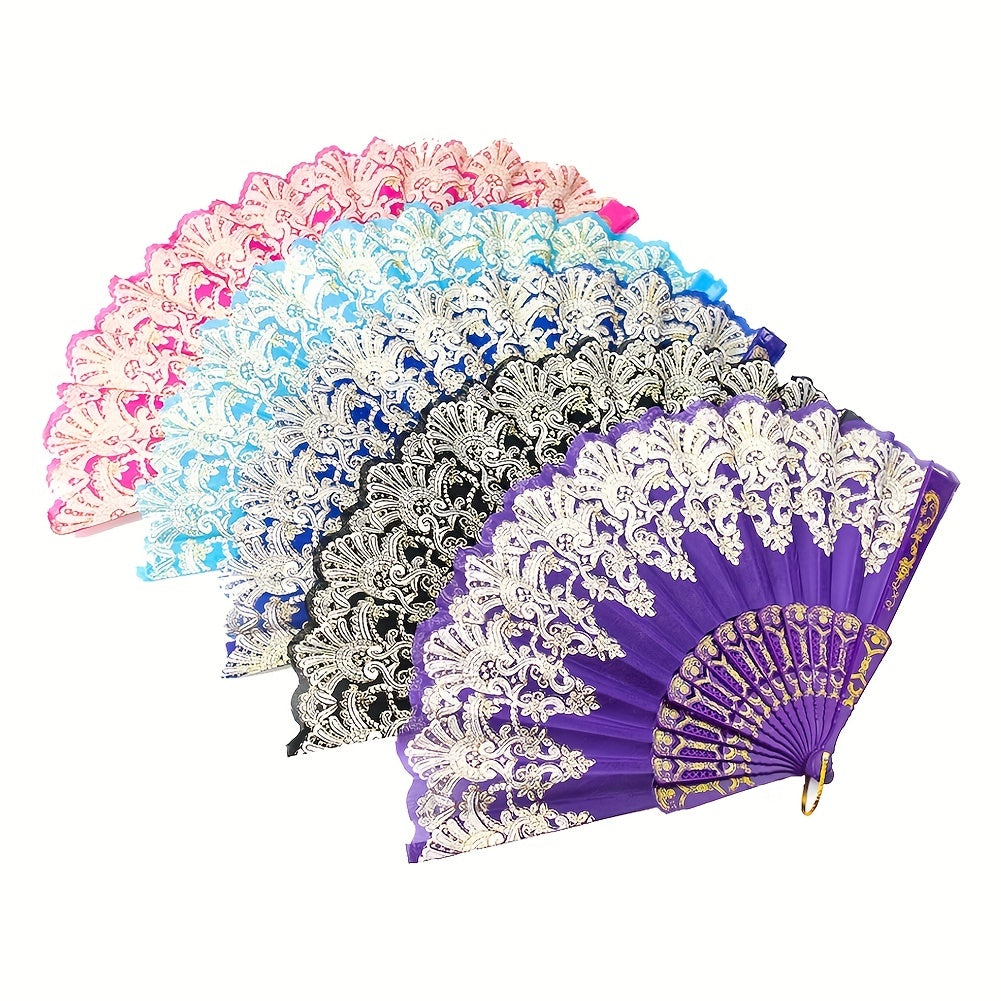 Chinese Folding Fan Lace Cloth Printing Flower Plastic Skeleton Hand Fan