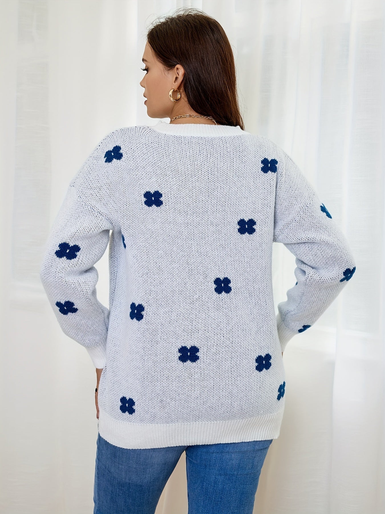  Floral Pattern Long Sleeve Pullover Jumper