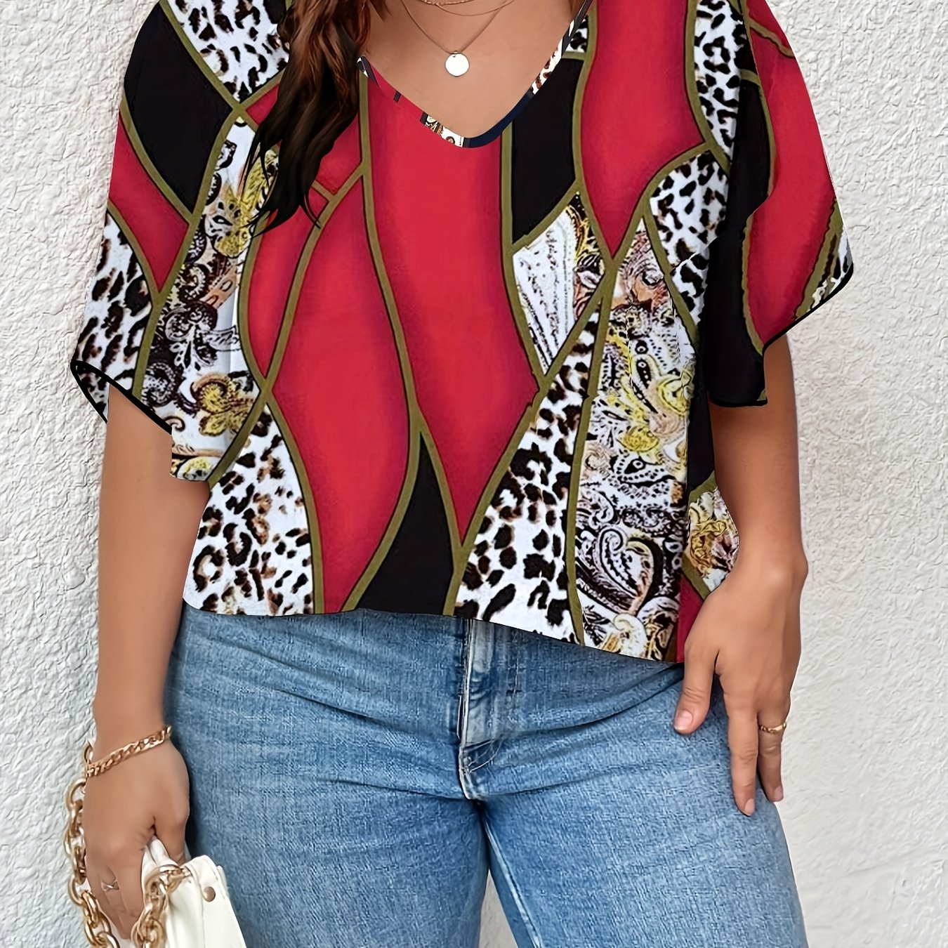  Colorblock Paisley Print V Neck T shirt