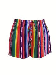  Rainbow Striped Print Medium Stretch Tie Shorts