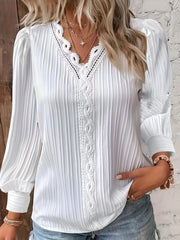  Women's Ribbed Frill Trim Long Sleeve Blouse