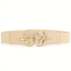 Golden Leaf Buckle Wide Belt Elastic Waistband Women Coat Dress Girdle