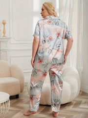  Satin Floral Pajama Set Short Sleeve Shirt & Pants
