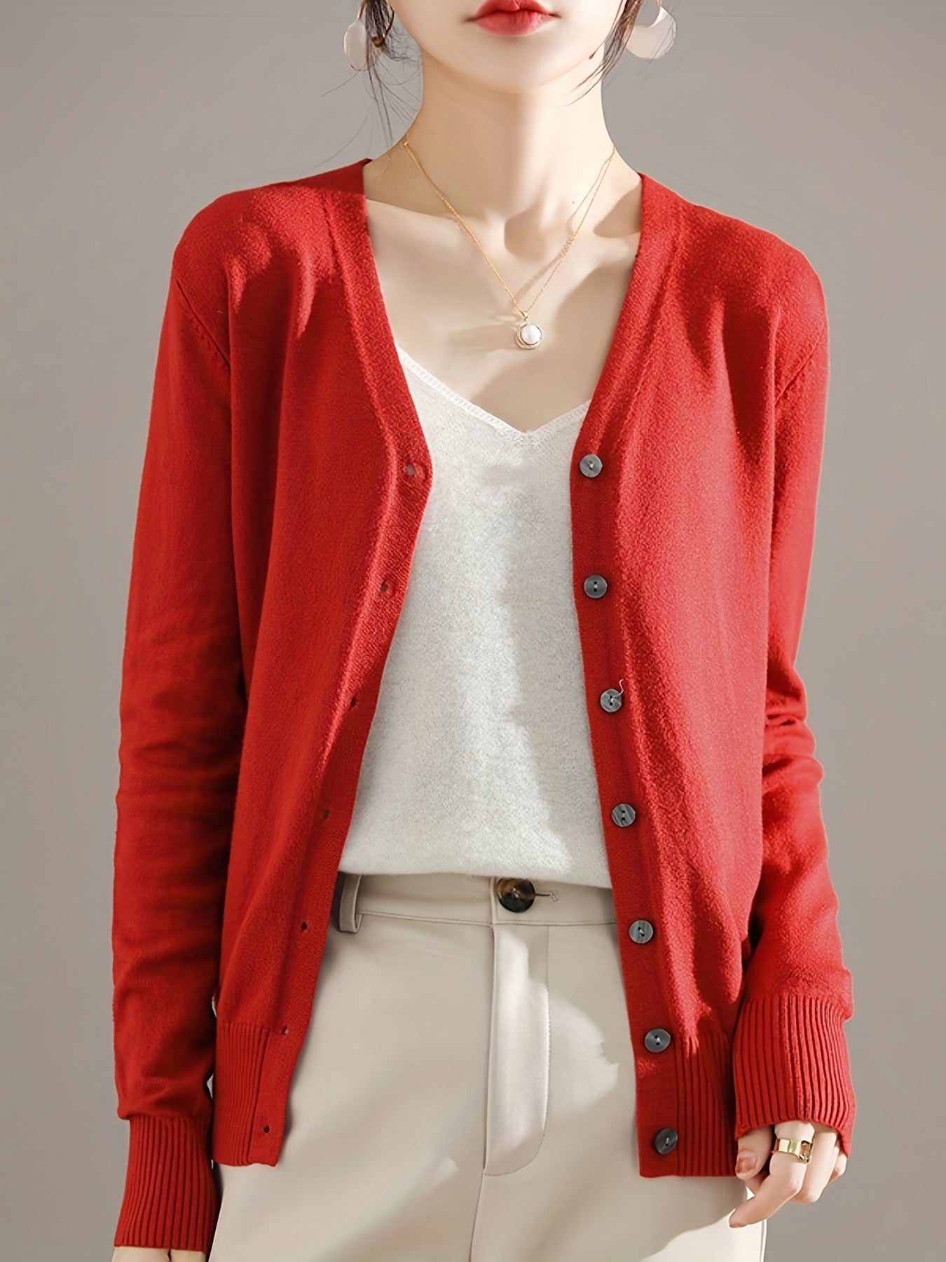 V Neck Solid Long Sleeve Cardigan for Women