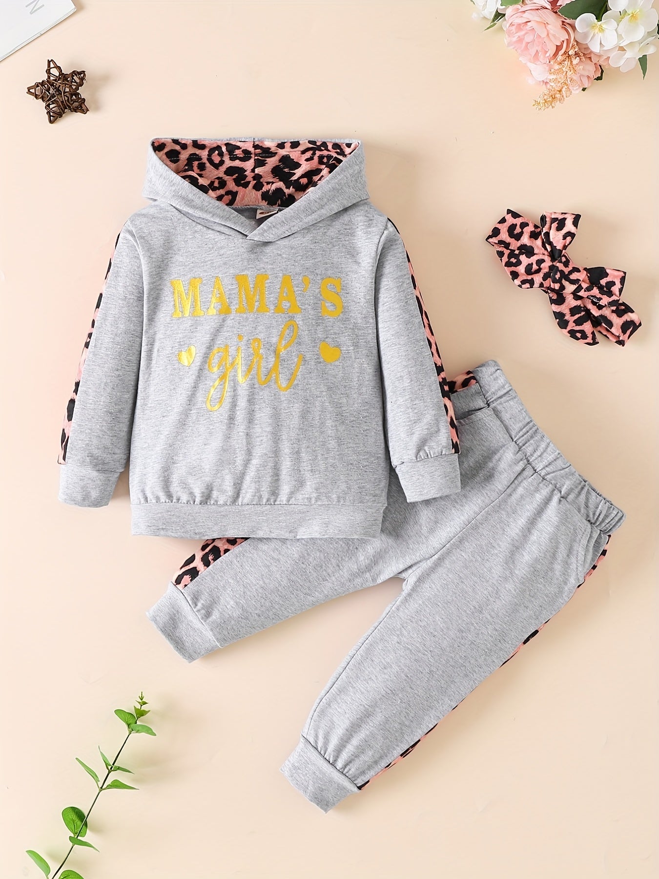 3pcs Baby Girls Hoodie Set Leopard Print Sweatshirt Pants Headband